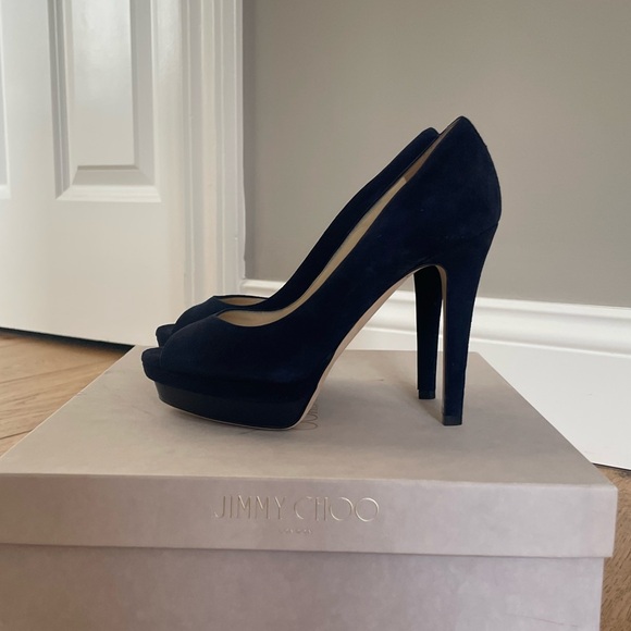 New in box Jimmy Choo Tayten Navy Blue Suede Platform Pumps 35.5 NIB - Picture 4 of 4